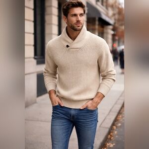 Daniele Blasi Italian Wool Blend Shawl Collar Knit Sweater Beige Large